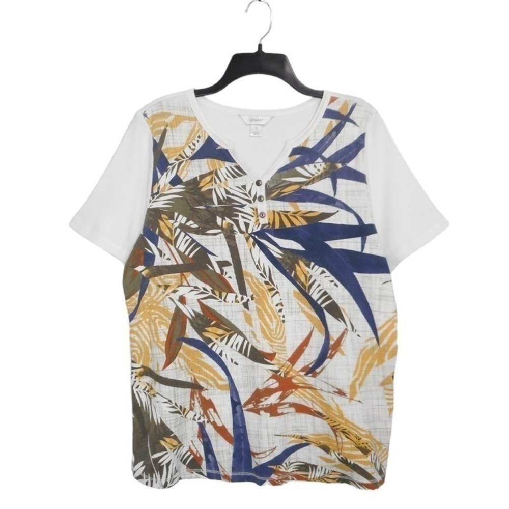CJ Banks Top 0X White Tropical Leaf Print Henley Short Sleeve Casual T-Shirt